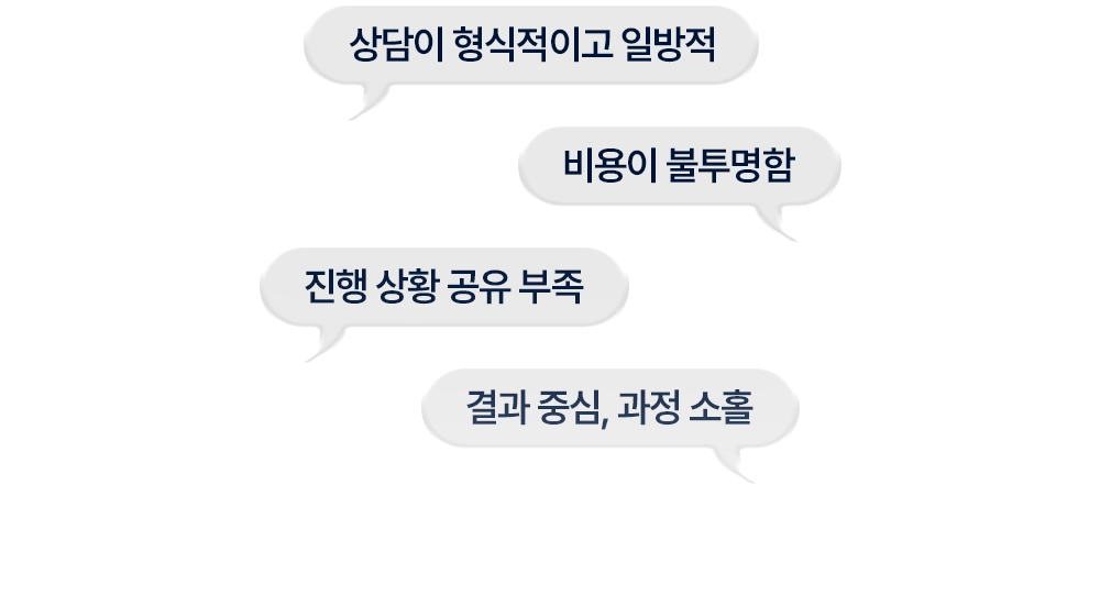 상담이 형식적이고 일반적 / 비용이 불투명함 / 진행 상황 공유 부족 / 결과 중심, 과정 소홀